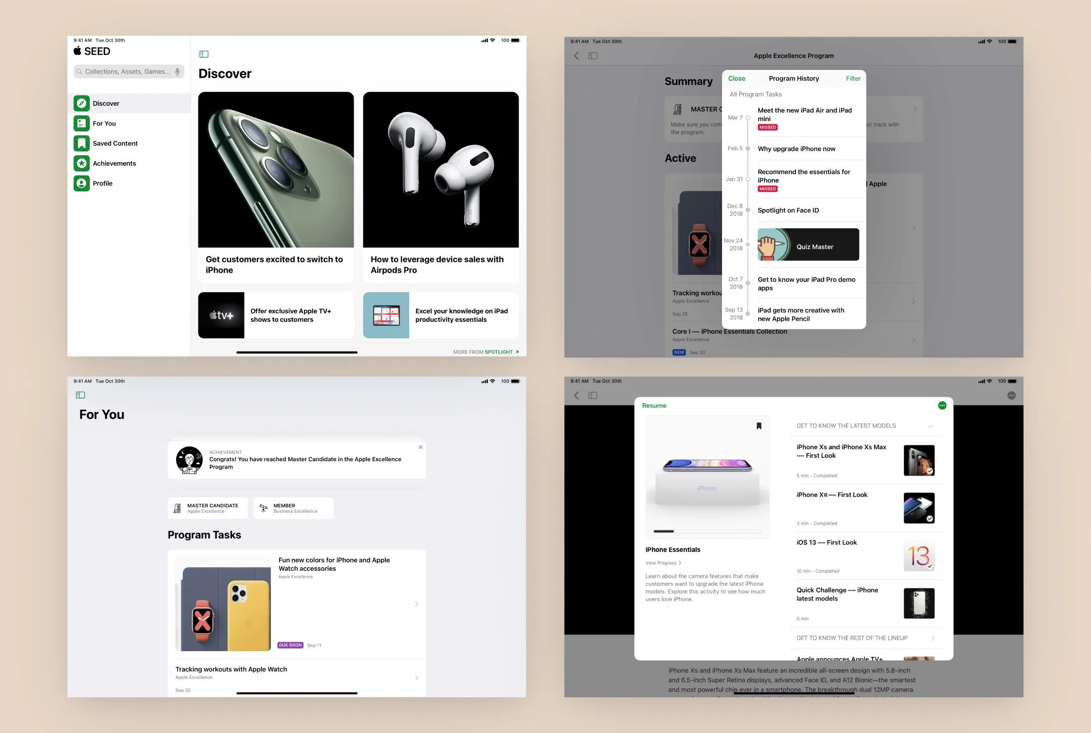 The same system on iPad: program history, spotlight content and workout-style tracking for training tasks