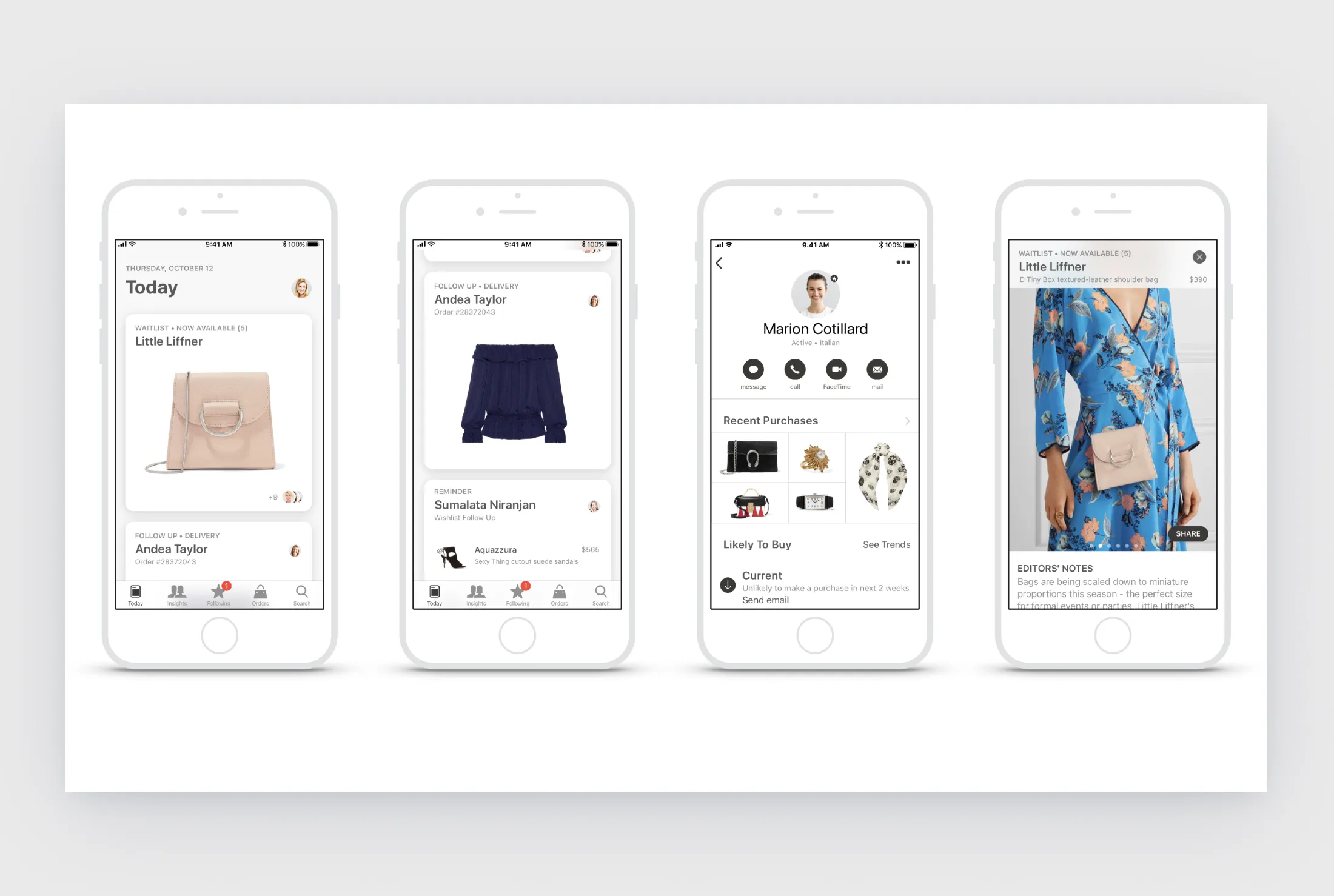 The same flow in wireframes: today view, client profiles and product recommendations taking shape
