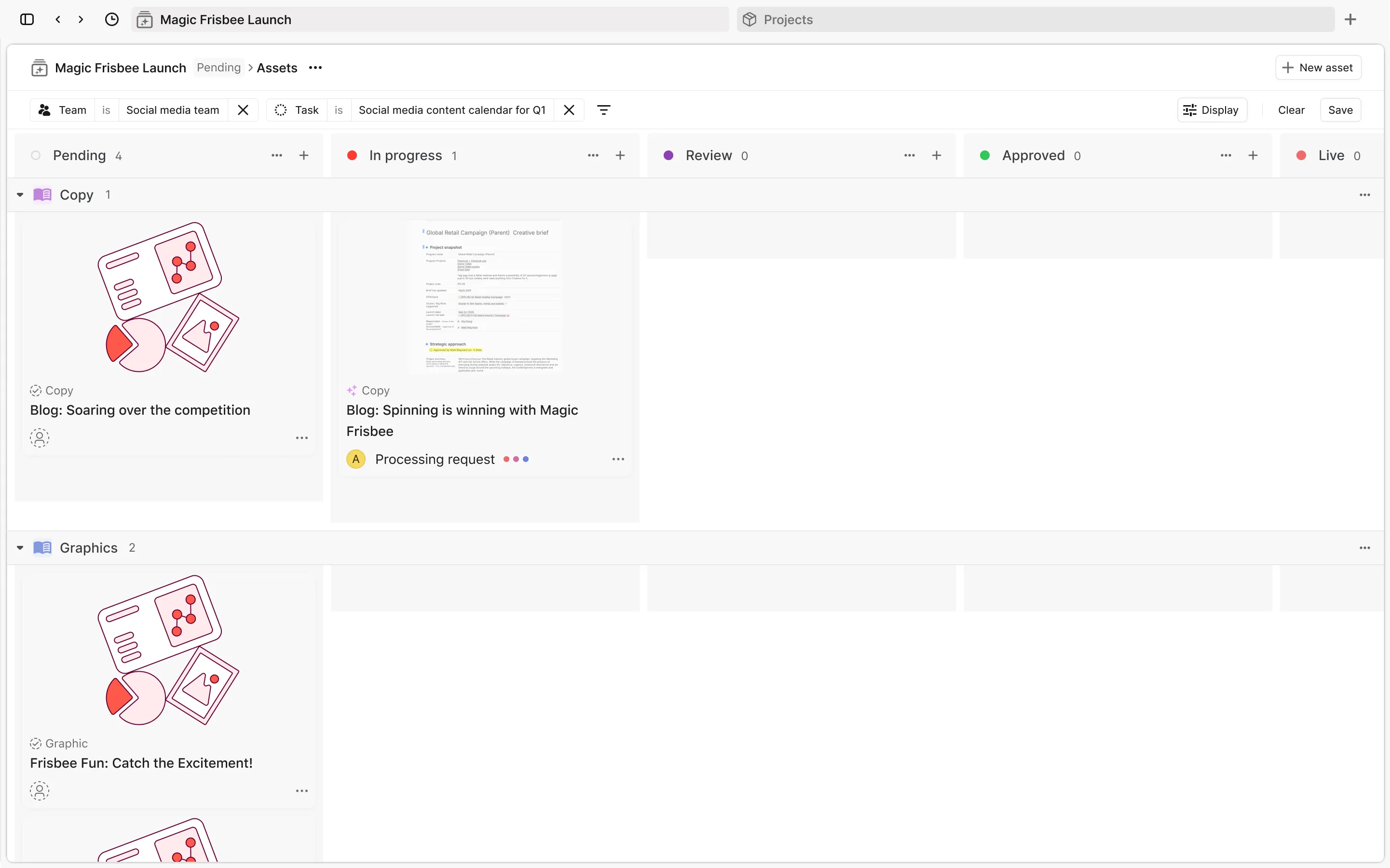 Agents inside the board: copy and graphics generated per task, moving work from pending toward live