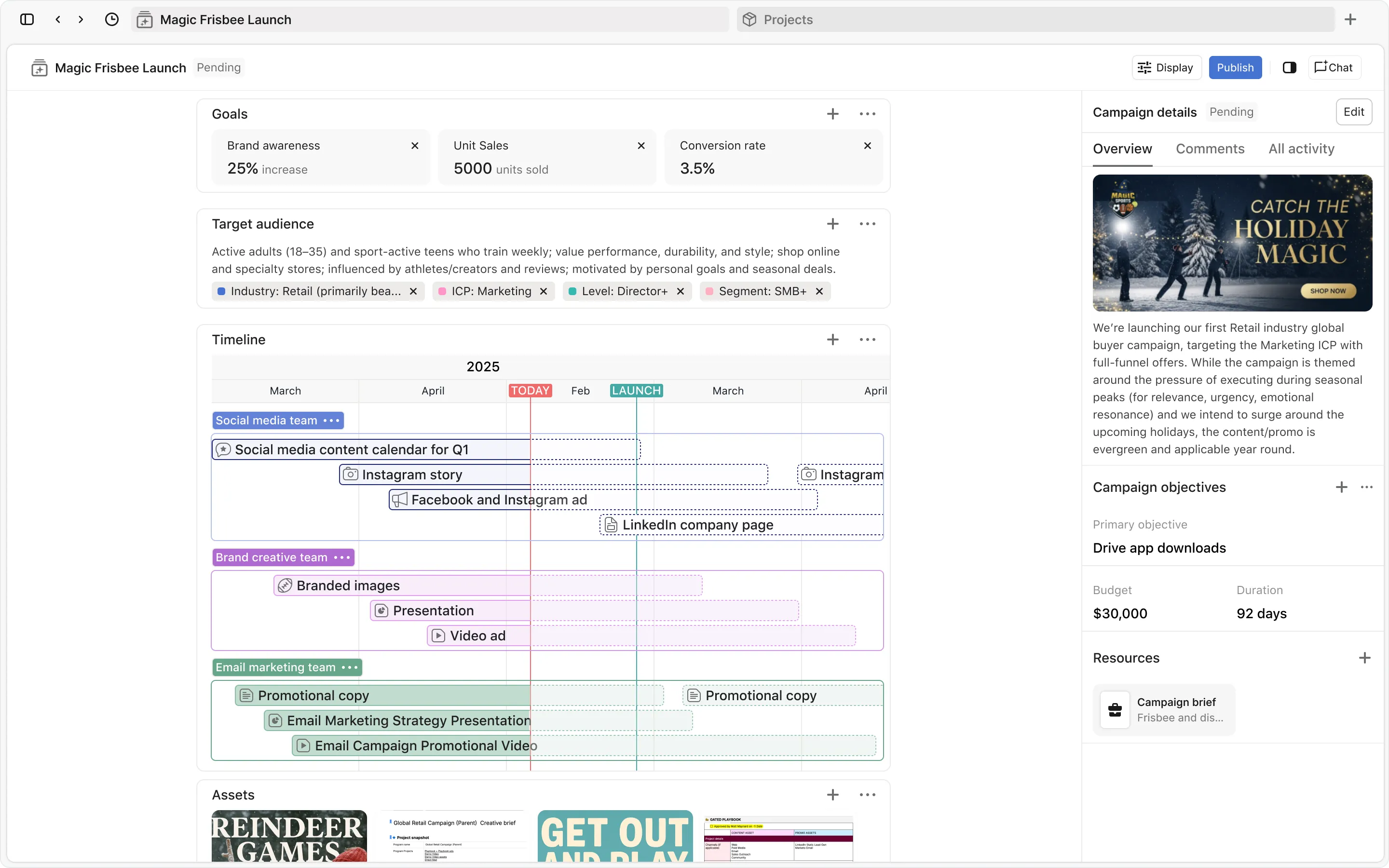 Cross-team orchestration: social, creative and email workstreams laid on one timeline against the launch date