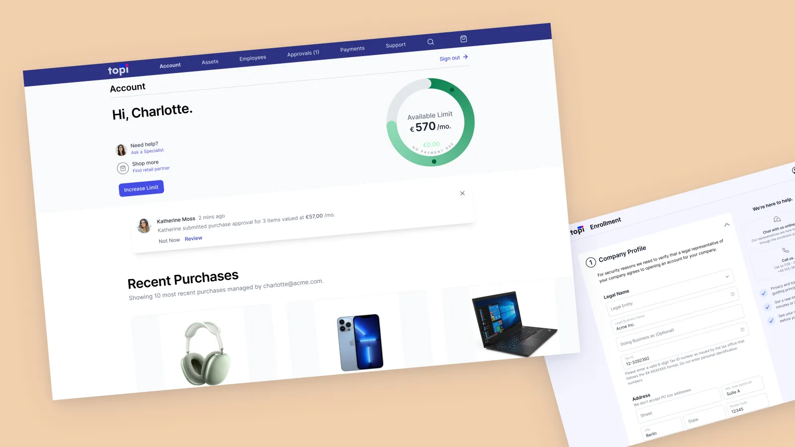 The account experience in context: approvals, enrollment and the employee storefront, designed as one system
