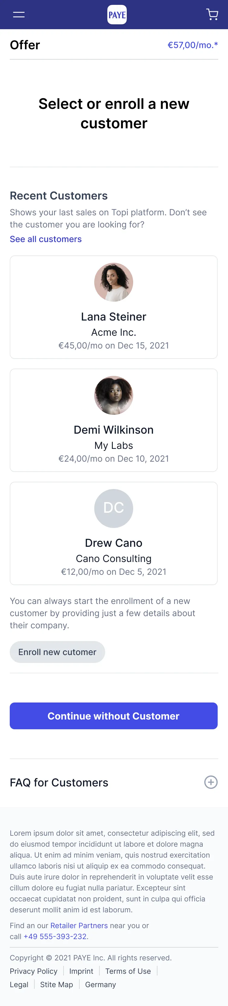 The mobile enrollment flow for in-store sales: recent customers, one-tap re-enrollment, and a new customer path measured in minutes