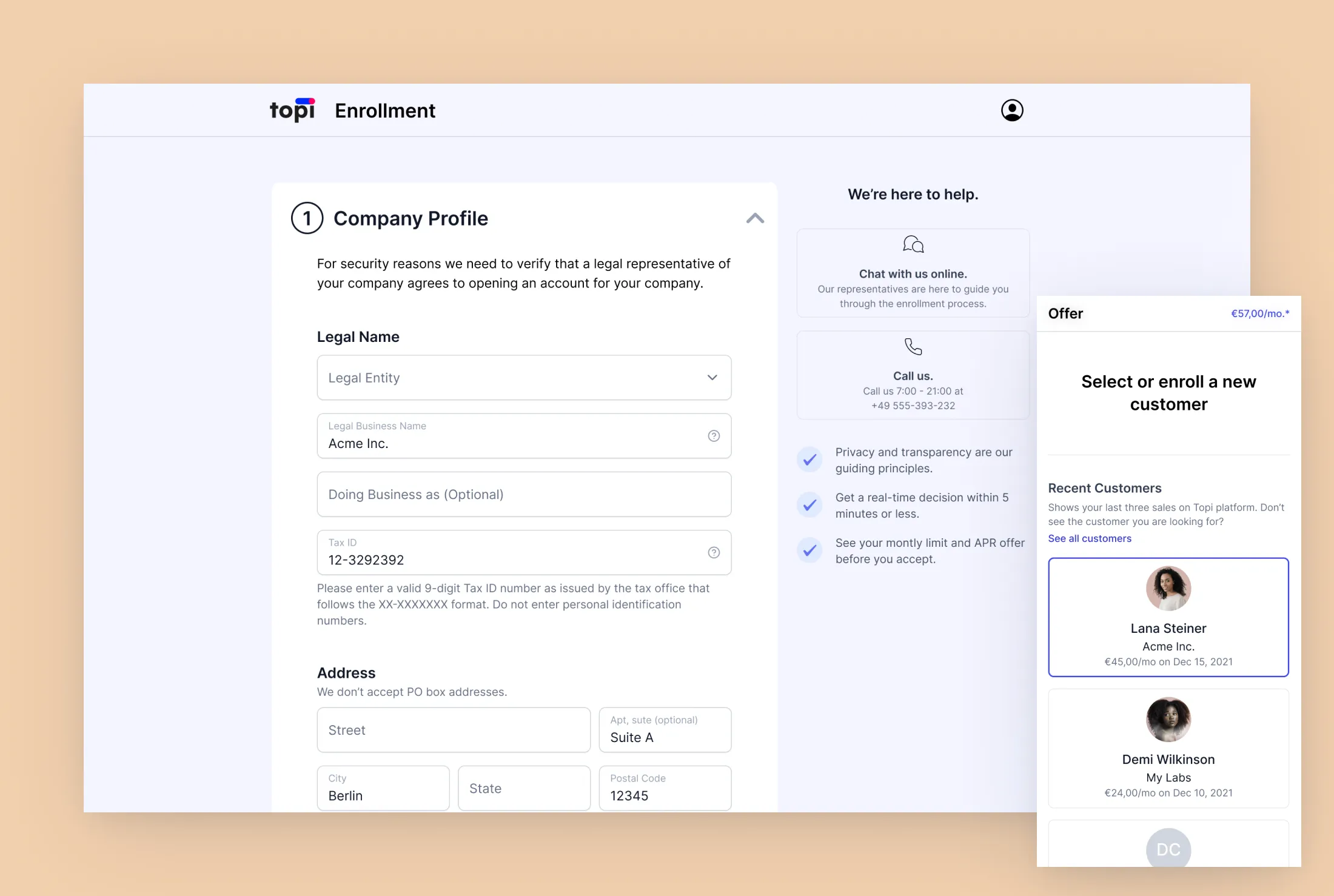 Enrollment in high fidelity: company profile verification on desktop with the mobile companion beside it