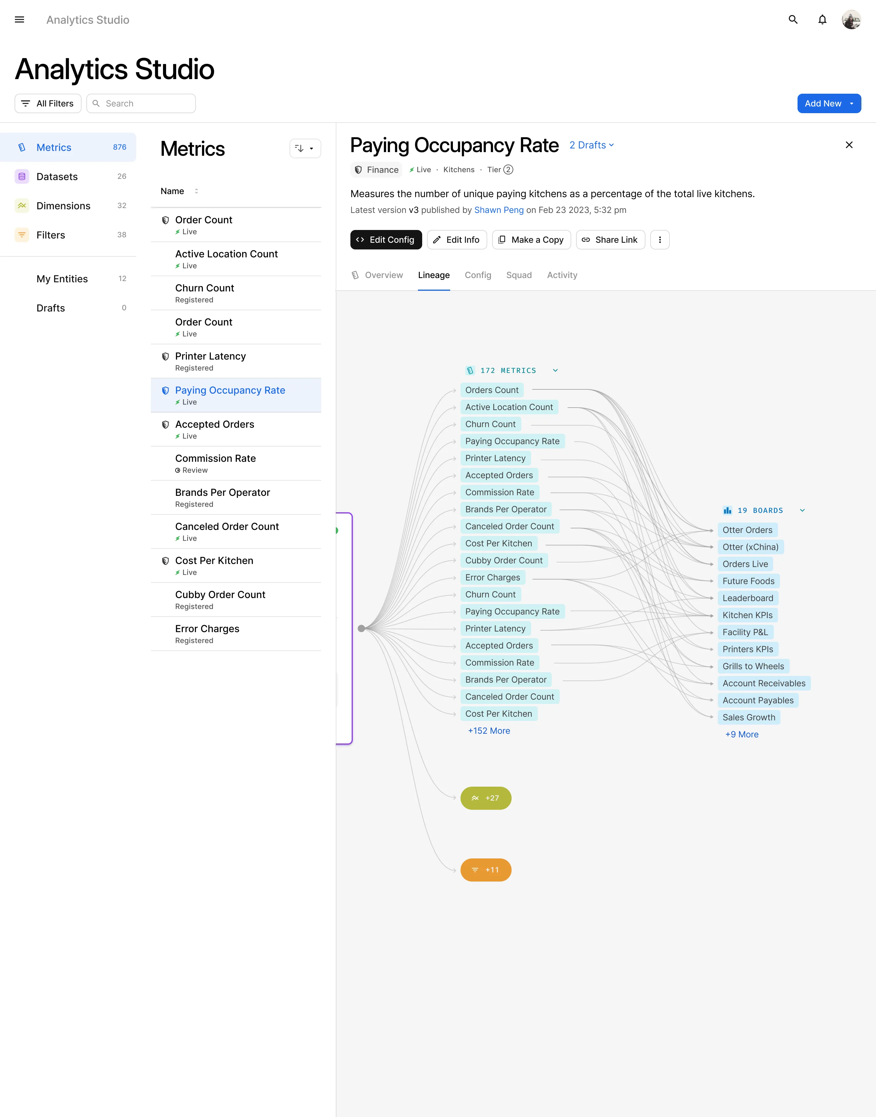 The lineage graph stays live while editing: config, squad and activity are one tab away from the graph itself