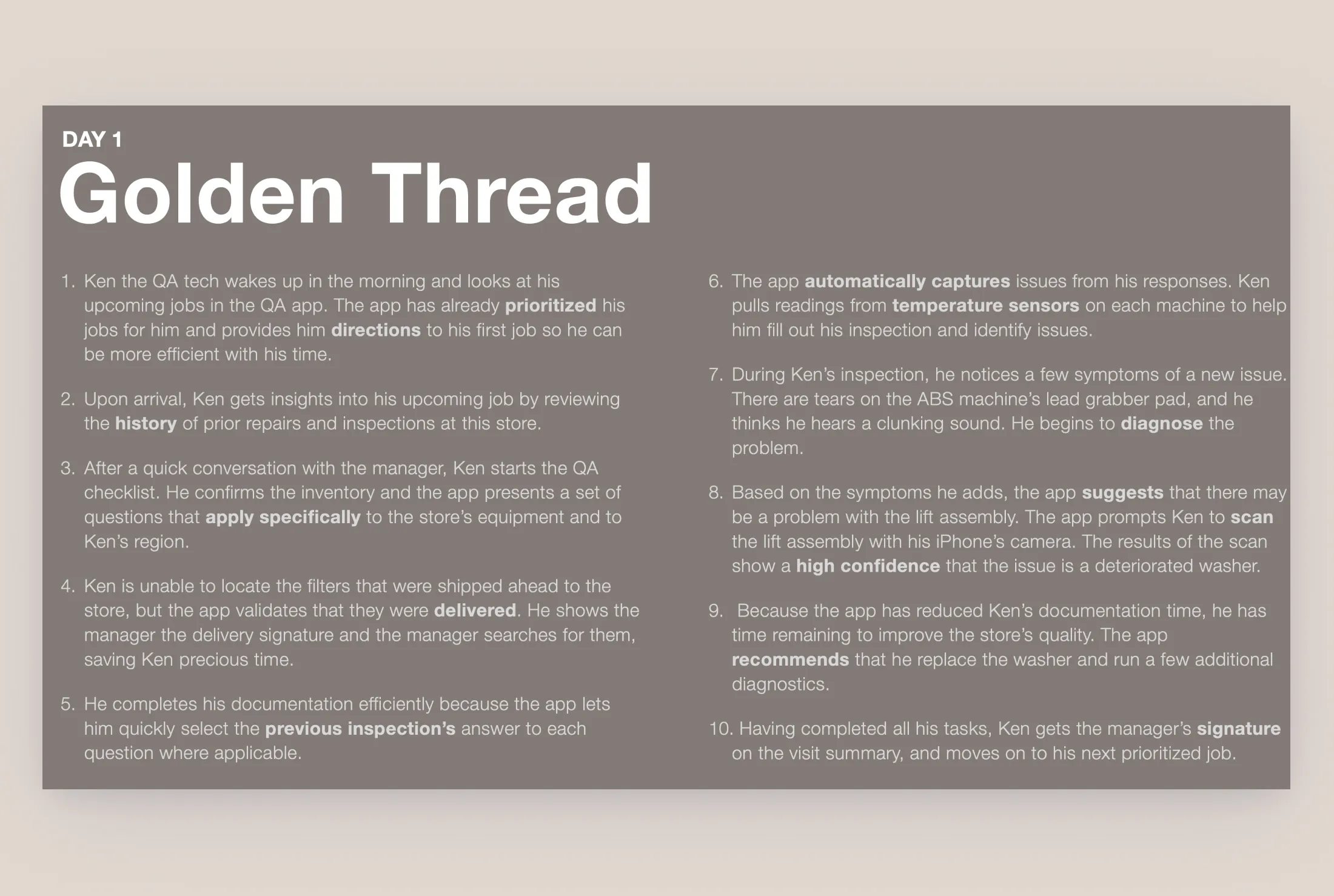 The Golden Thread: a QA technician’s full day, written as a narrative before any screens, so every feature had to earn its place in a real morning