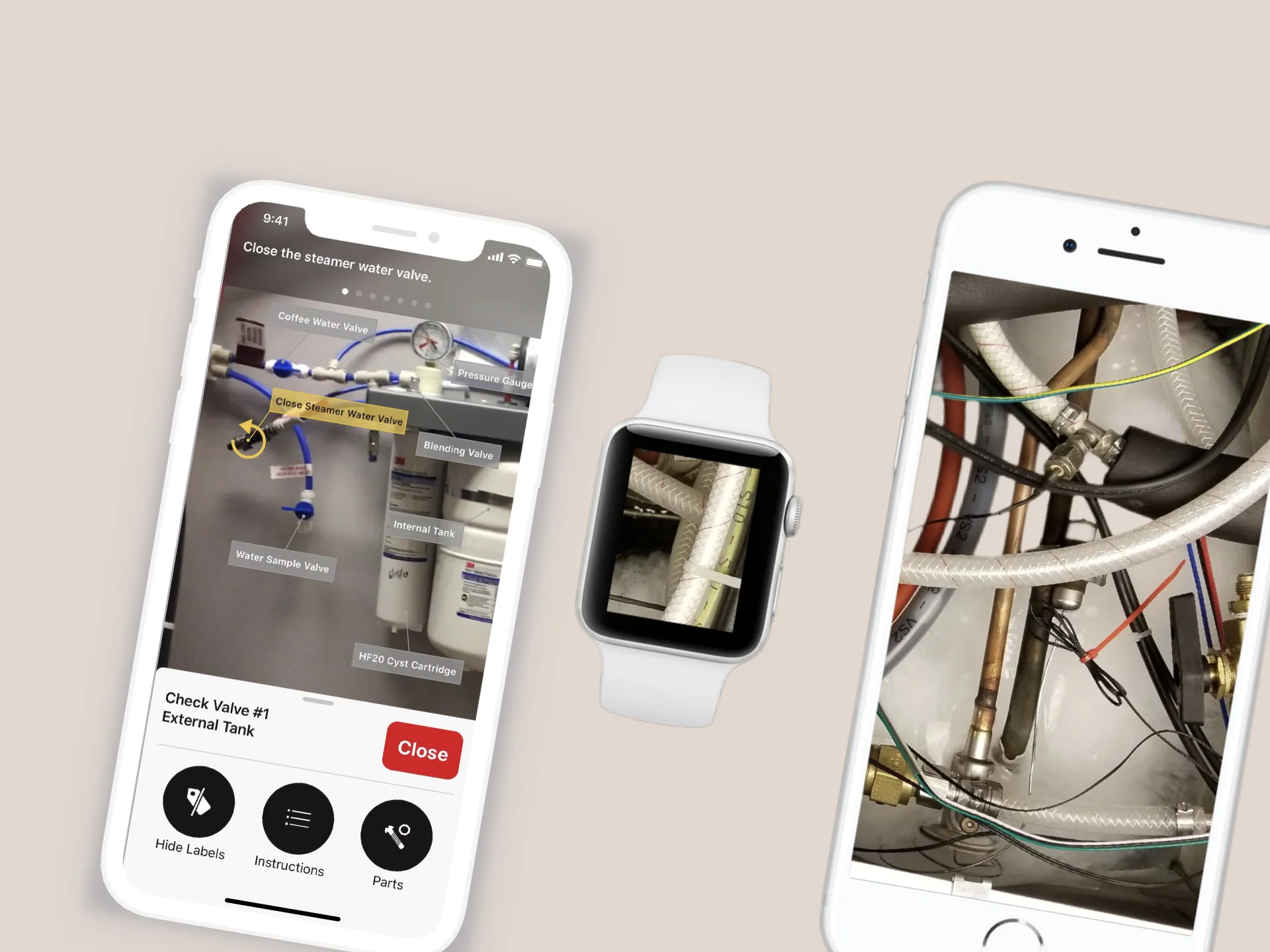 In the field: live AR labels on the actual equipment, with the Apple Watch carrying instructions when both hands are busy