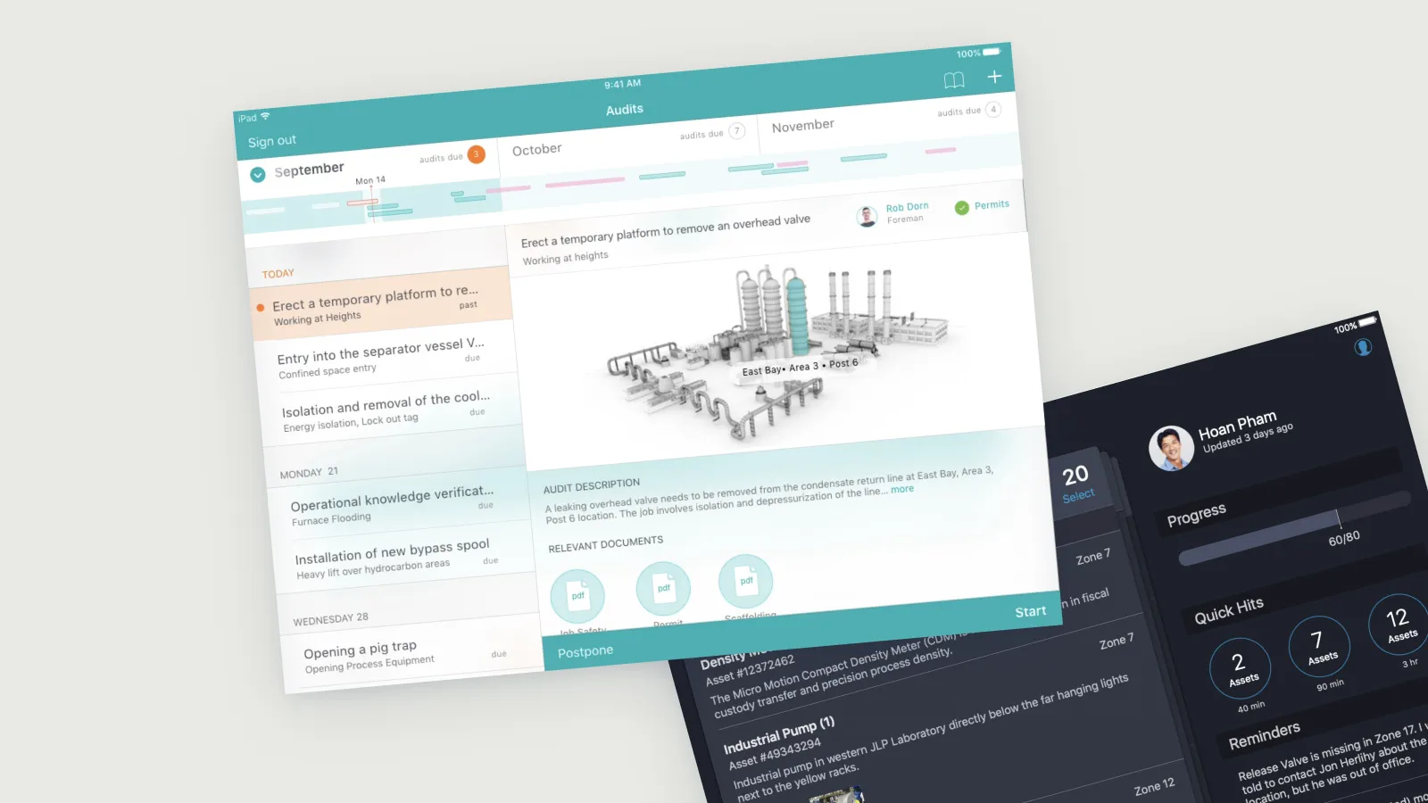 Industrial operations: a plant floor task manager with 3D equipment context and safety documents in reach