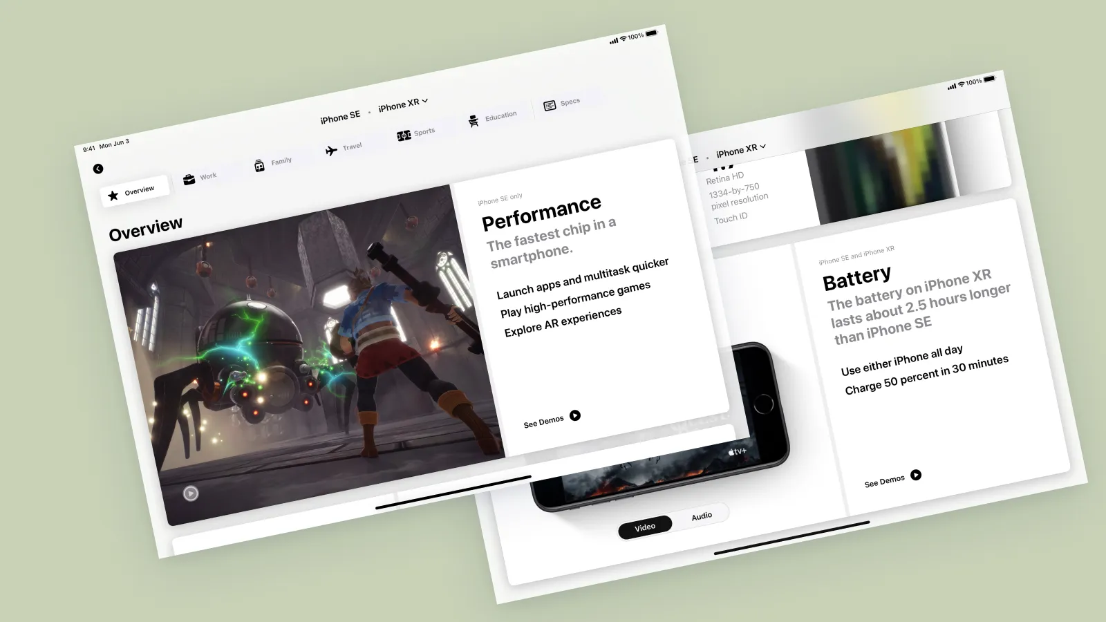 The tablet experience: comparison cards a partner can hand to the customer