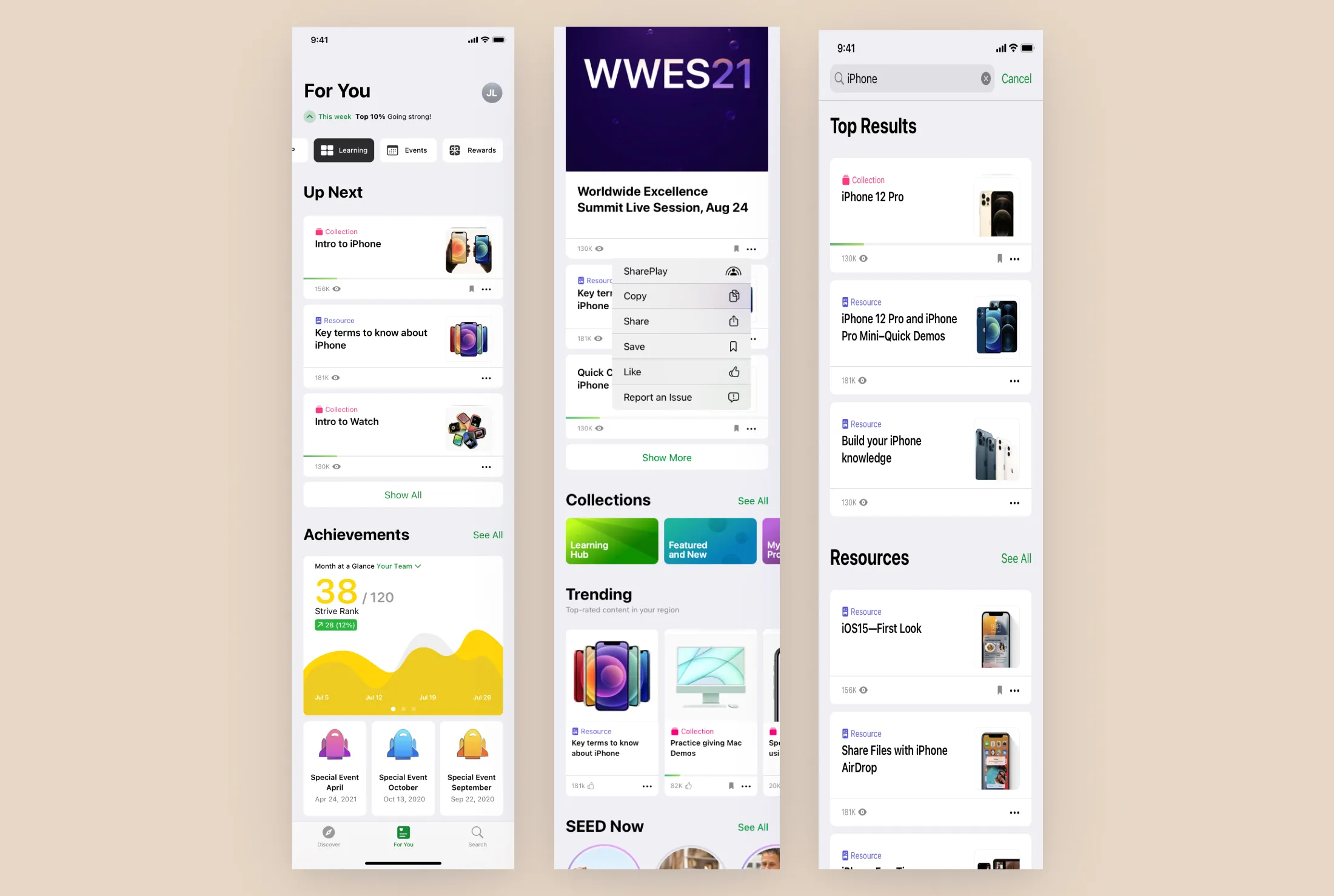 A live launch in the app: the Worldwide Excellence Summit streaming into For You, with collections, achievements and trending content one swipe away