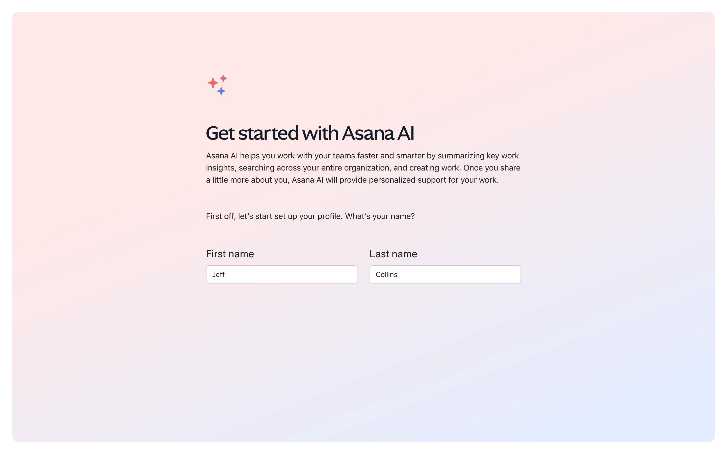 First run: Asana AI introduces itself and starts personalizing from the first screen