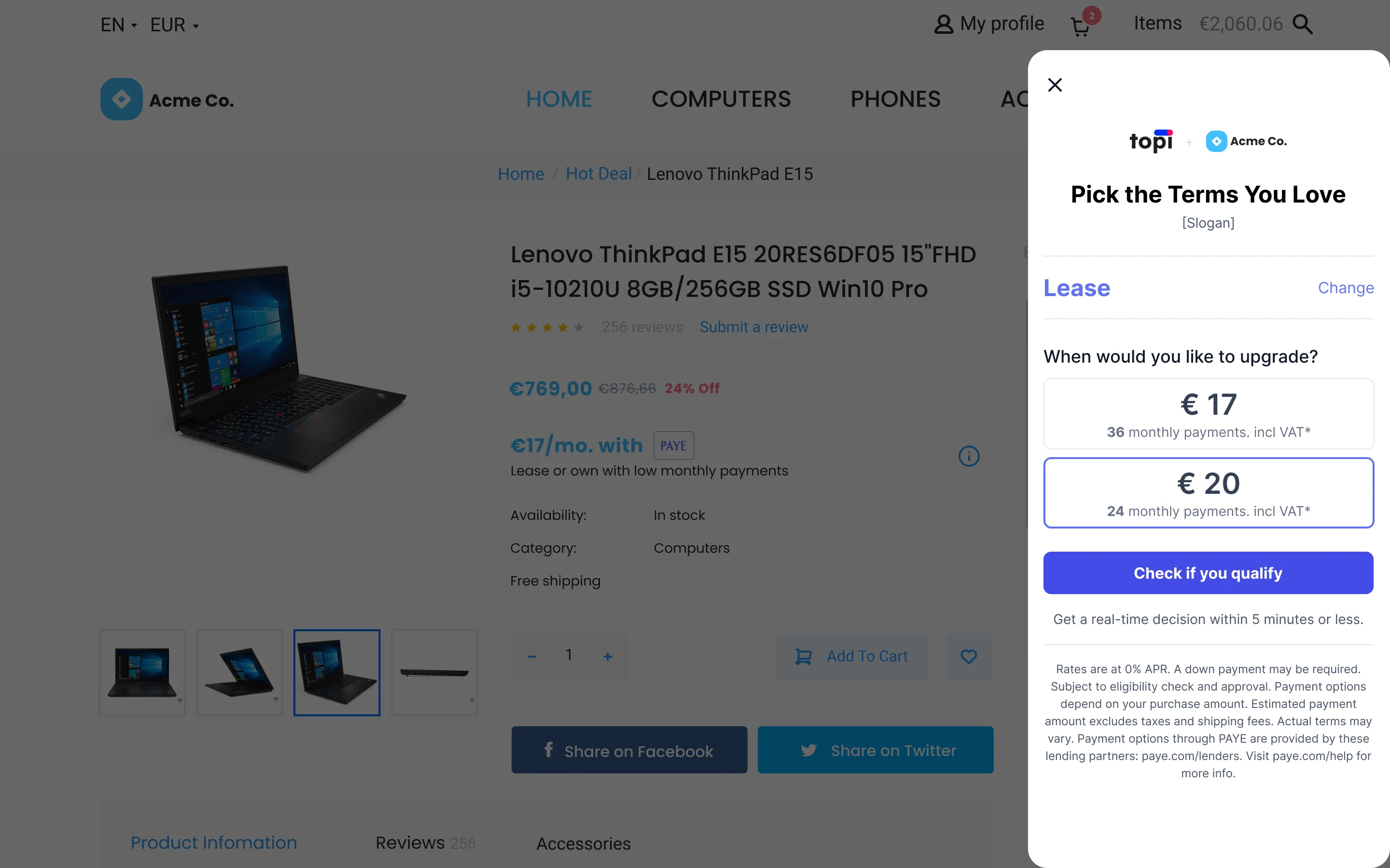 Inside a retailer’s product page: topi financing embedded at the point of decision, lease terms selectable in the modal