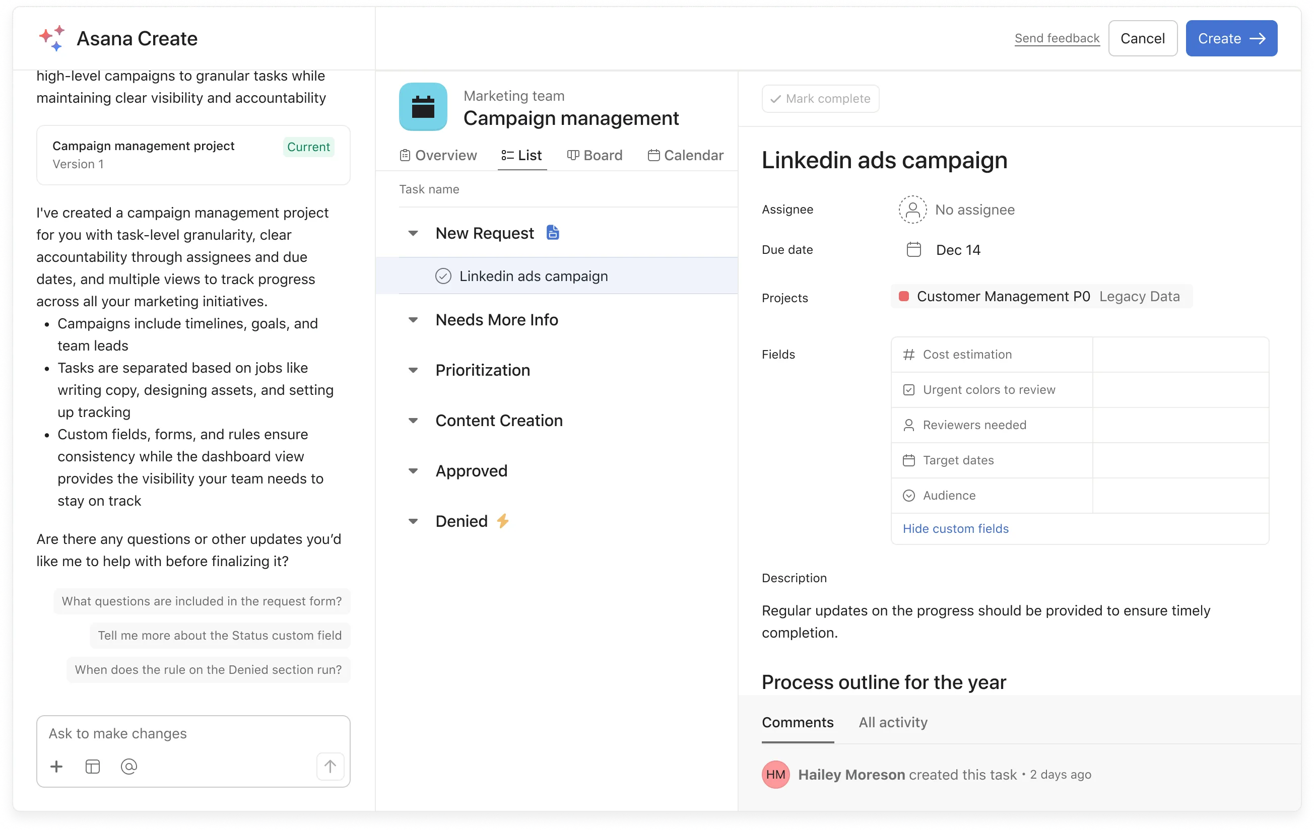 The generated campaign project: sections, custom fields, due dates and tracking views in place before the user touches anything