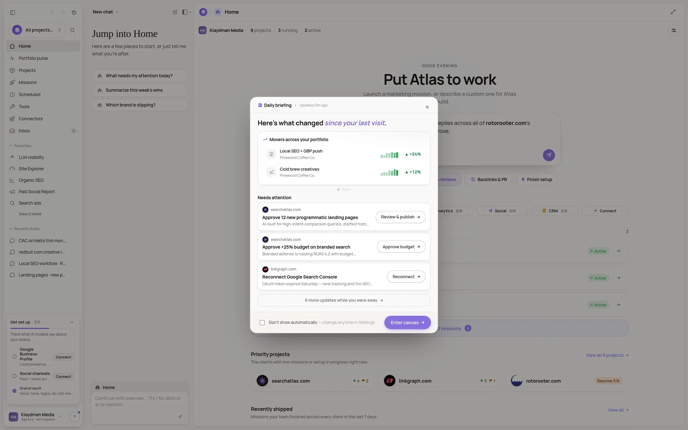 Search Atlas home, with the daily briefing surfacing what changed since the last visit