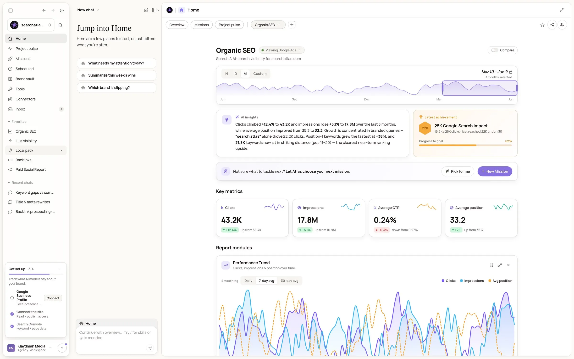 Organic SEO reporting with live metrics and an insight rail