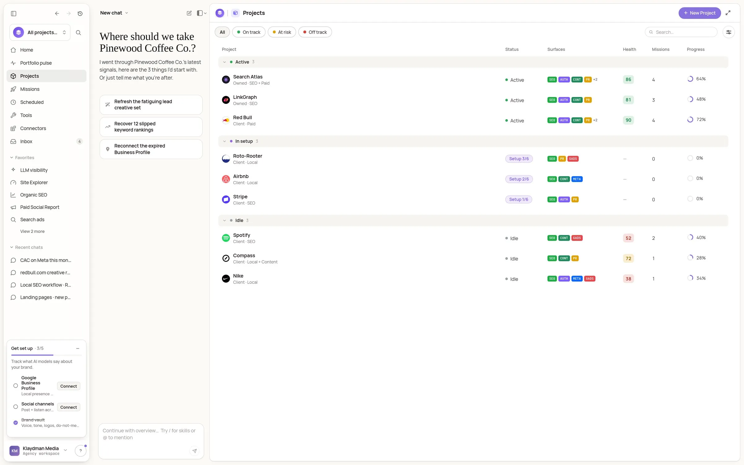 Projects across the portfolio, with running missions and their status