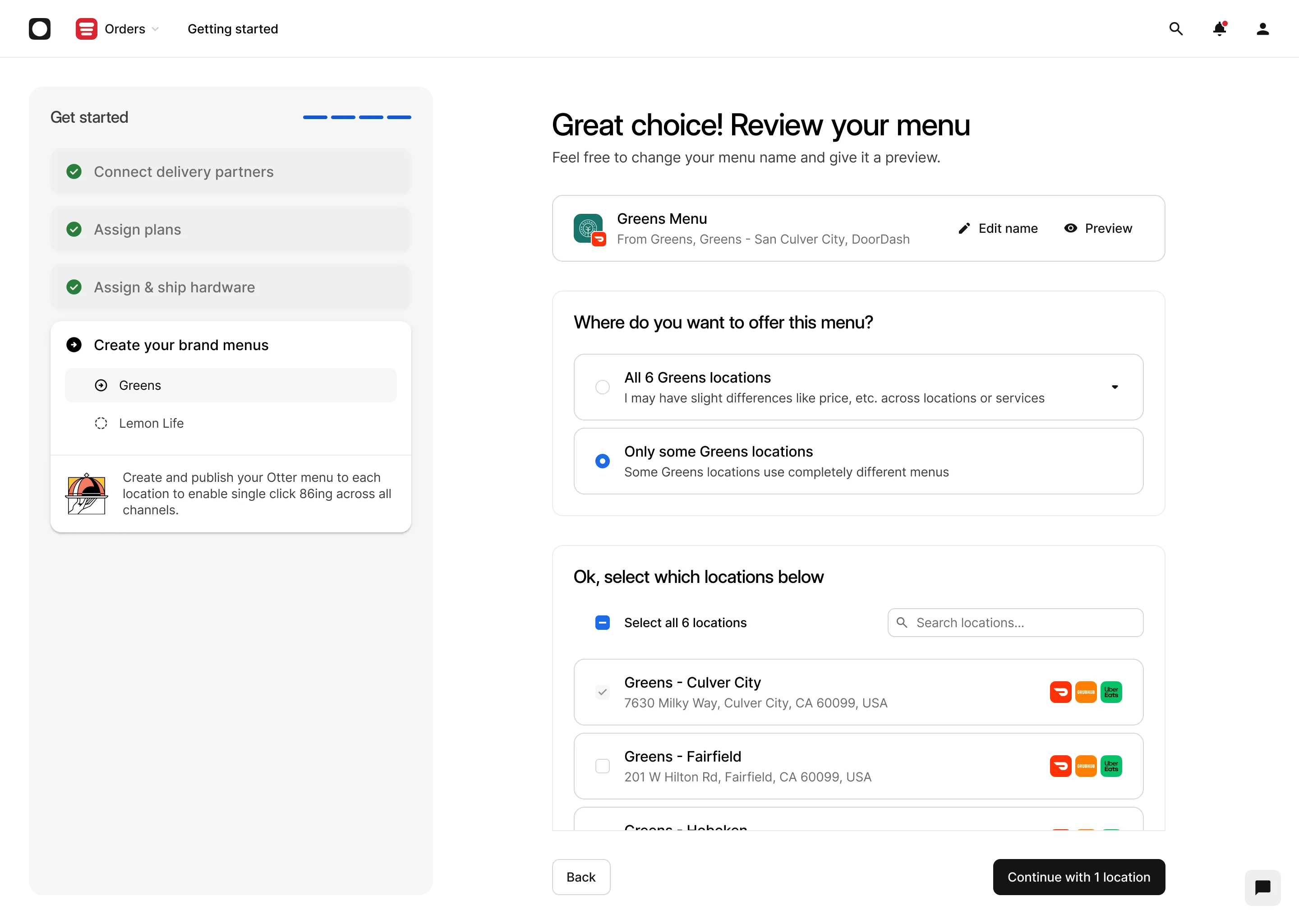 Review before going live: the menu named, its locations chosen, nothing published by surprise