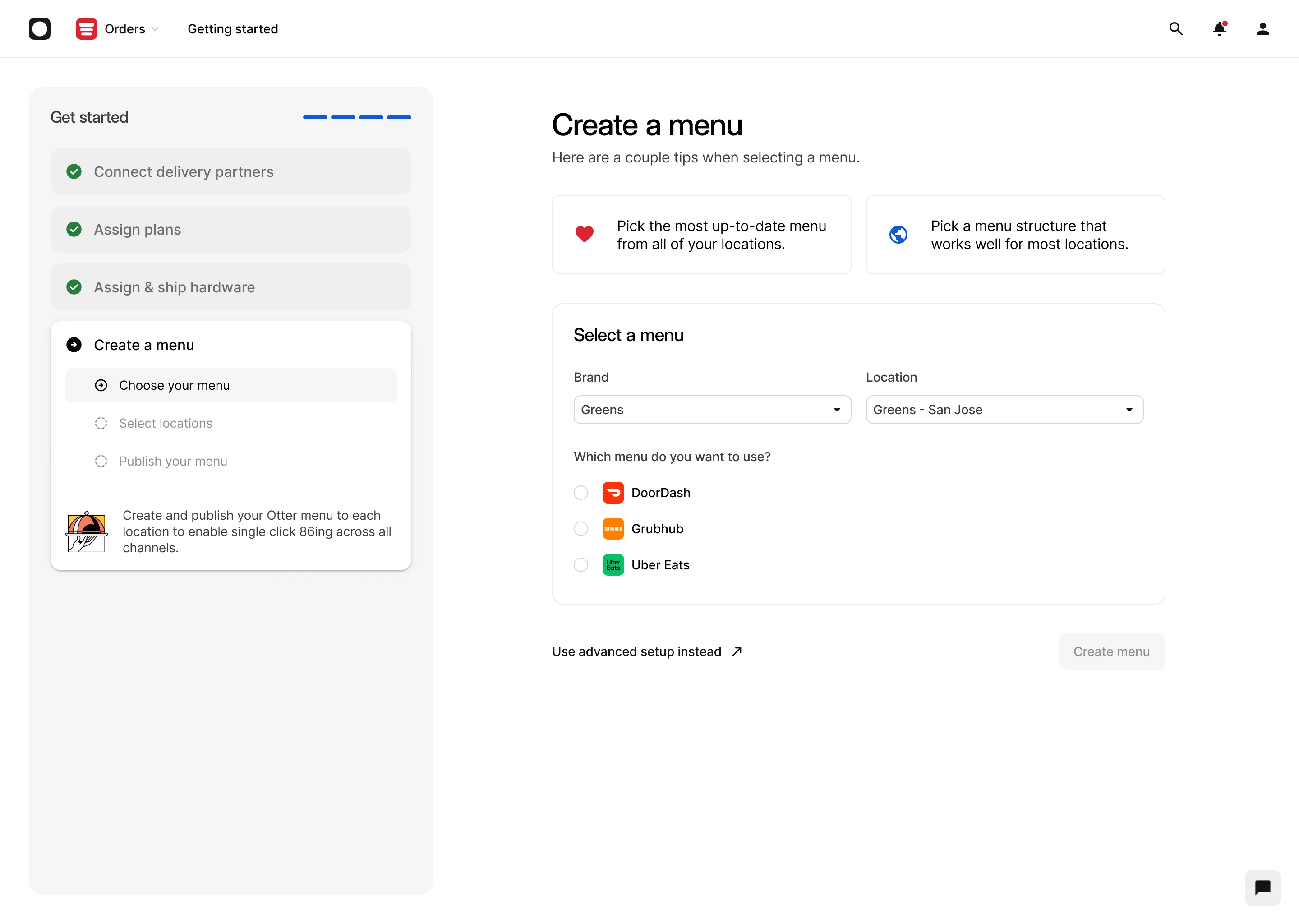Choosing the menu: brand, location and the delivery services it should publish to